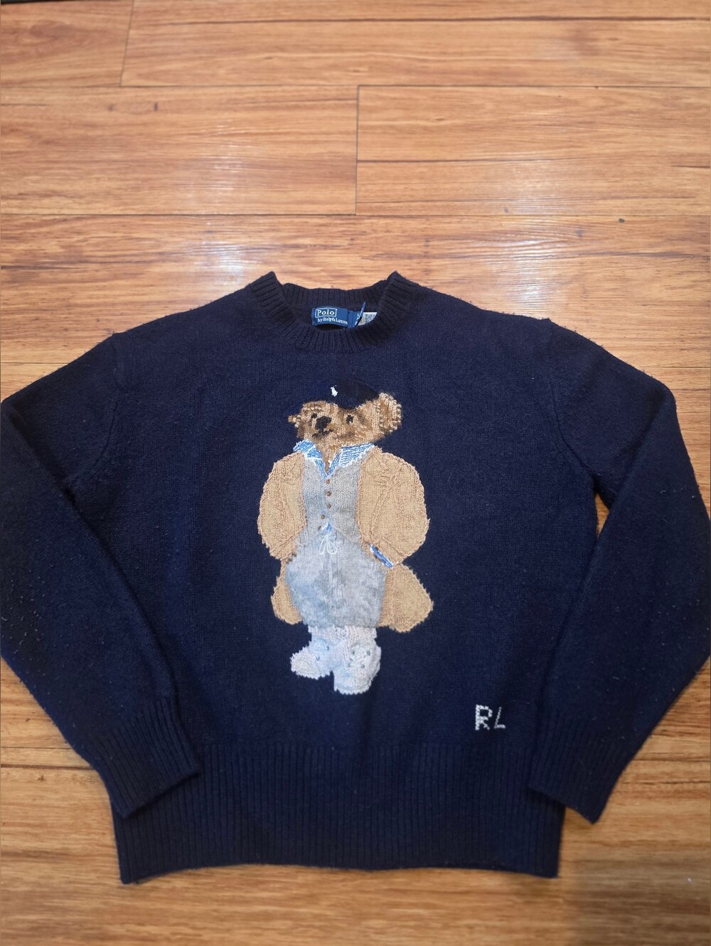 🐻 Polo by Ralph Lauren Navy Wool Cashmere Crewneck Sweater with Bear Intarsia S - Picture 10 of 16